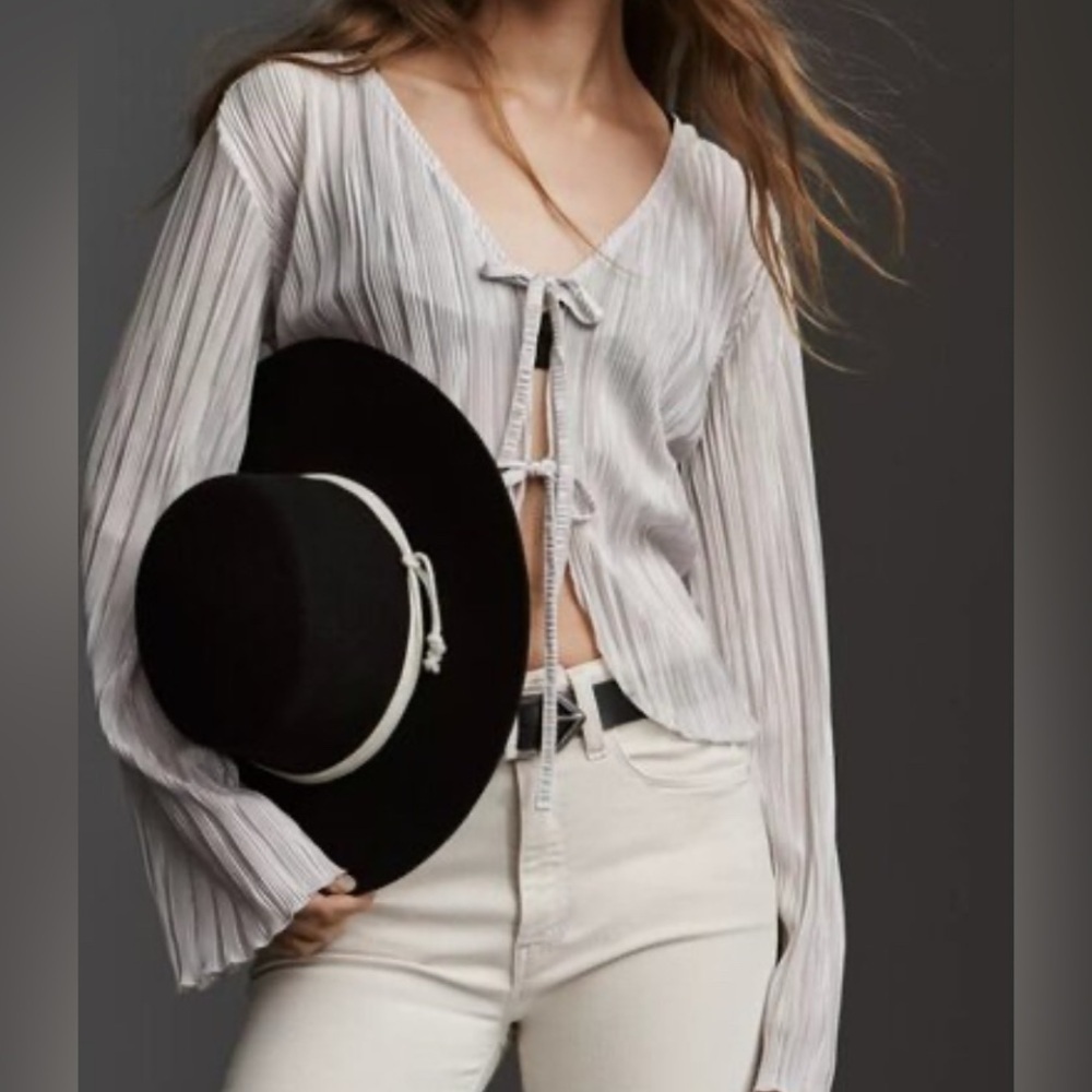 Anthropologie Grey Silver Sheer Plisse Long Sleeve Tie Front Top Size Small